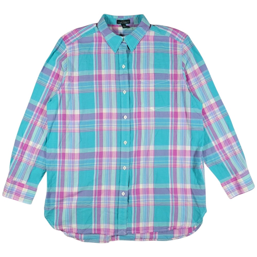 LRL Ralph Lauren Button Up Shirt Womens L Teal Pink Plaid Cotton Long Sleeve Top